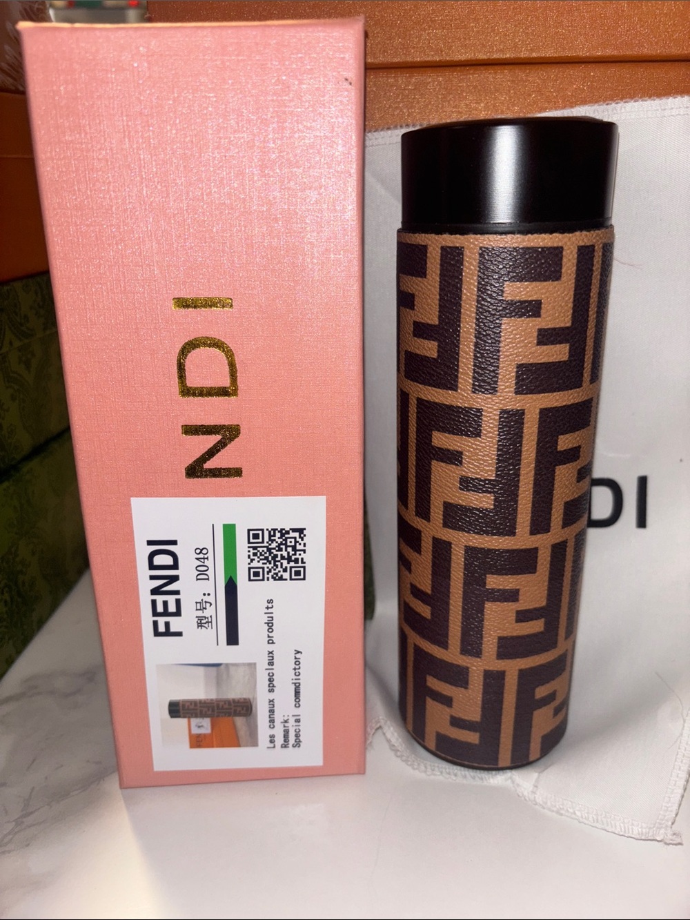 Brown and Dark Brown FF Logo Leather Travel Tumbler